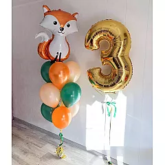 Композиция из 9 латексных шаров с фольгированной фигурой лисы и цифрой на выбор